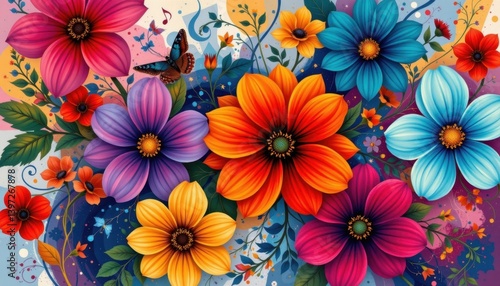 Abstract Floral Symphony A dreamy arrangement of abstract flowers in bold colors, with swirling lines connecting them like a flowing melody.