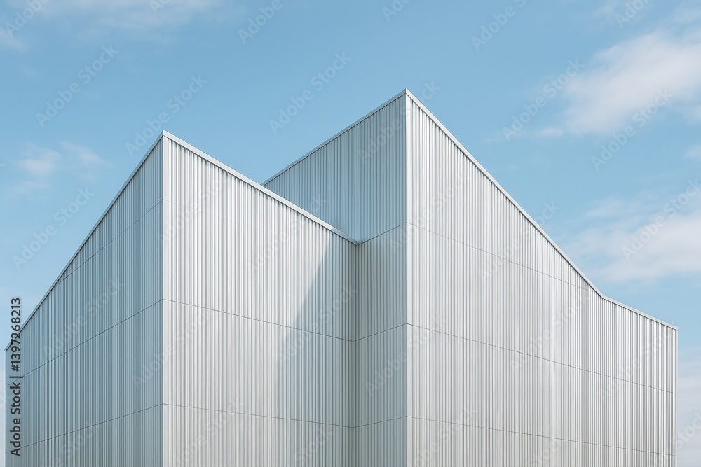 Modern Architecture Facade against Blue Sky, Metal Cladding on Building Exterior Creating Geometric Shapes and Clean Lines. Modern Architecture Facade against Blue Sky, Metal Cladding on Building Exterior Creating Geometric Shapes and Clean Lines.