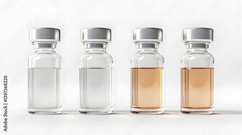 Four glass vials stand in a row, each filled with a different, clearly visible solution. This image is a visual metaphor for medical breakthroughs, scientific advancements. Four glass vials stand in a row, each filled with a different, clearly visible solution. This image is a visual metaphor for medical breakthroughs, scientific advancements.