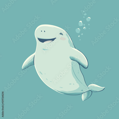 Smiling Beluga Whale Cartoon in Turquoise Water