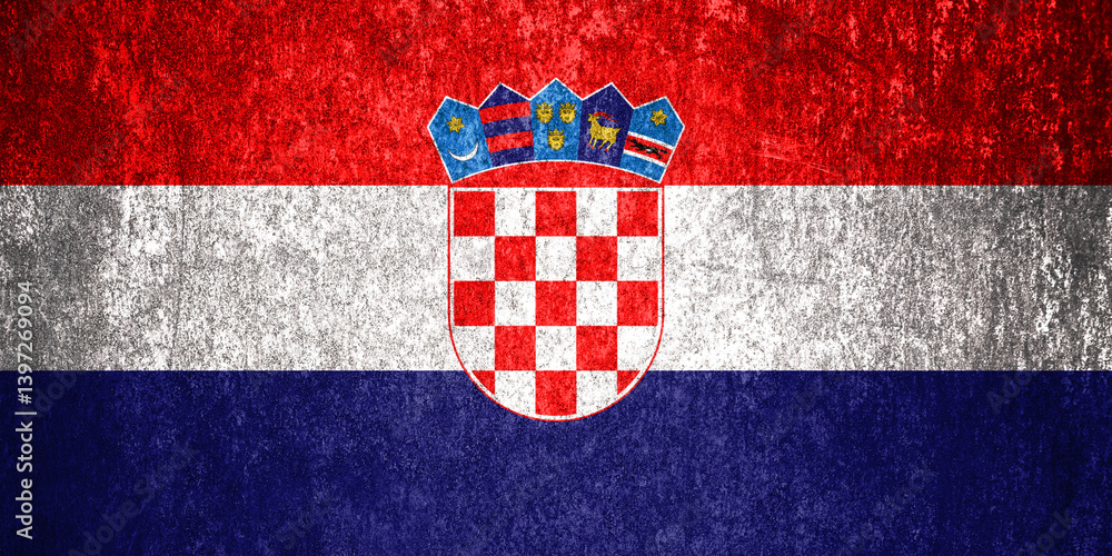 Naklejka premium Croatia State Flag. Dirty Croatia flag on metal surface.