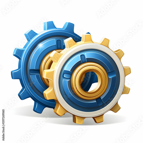 A simple icon depicting two blue and white cogs with golden edges, in a 3D rendering style, against a white background