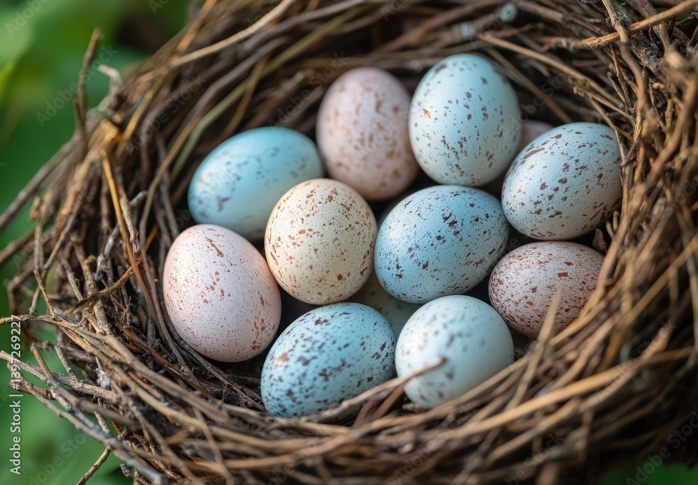 Nest with Colorful Speckled Eggs in Natural Setting Surrounded by Greenery and Twigs Nest with Colorful Speckled Eggs in Natural Setting Surrounded by Greenery and Twigs