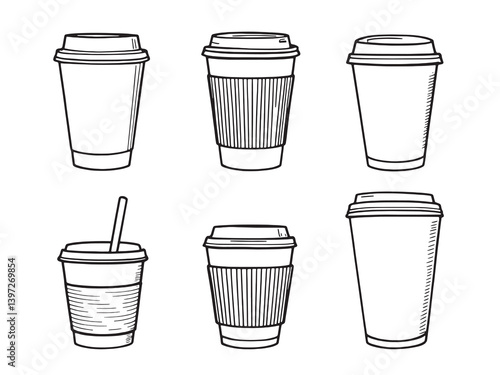 Paper Cup Black Line Drawing on White Background