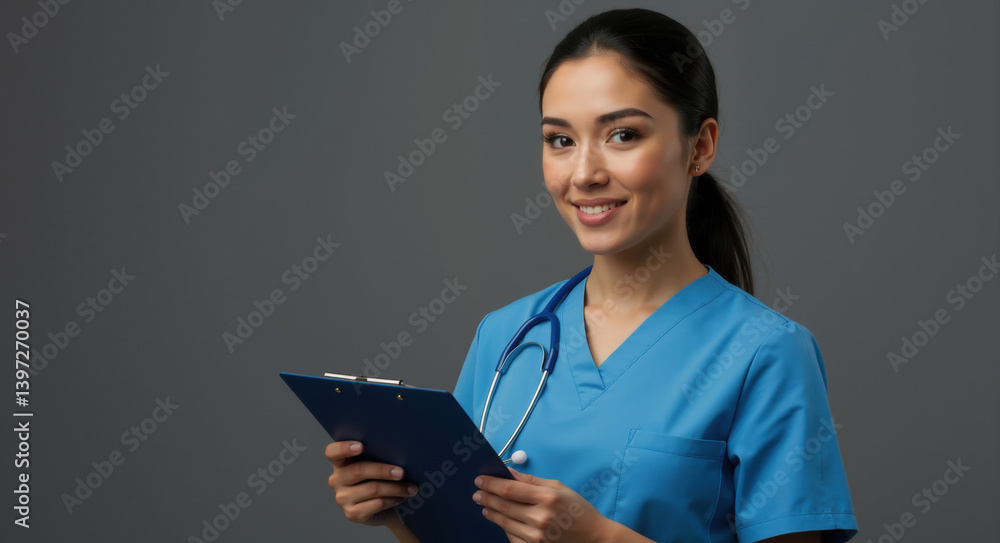 Asian female nurse in blue scrubs holding clipboard against gray background. Professional healthcare and medical expertise. Career concept for nursing profession and patient care Asian female nurse in blue scrubs holding clipboard against gray background. Professional healthcare and medical expertise. Career concept for nursing profession and patient care