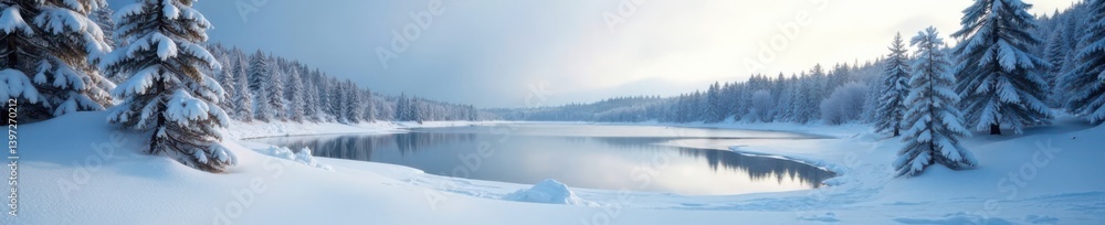 Snowy landscape with frozen lake and pine trees, icy forest, frosty landscape Snowy landscape with frozen lake and pine trees, icy forest, frosty landscape