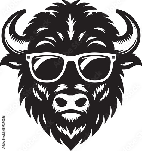 bull head with sunglass vector illustration, bull head with sunglass silhouette vector black and white
