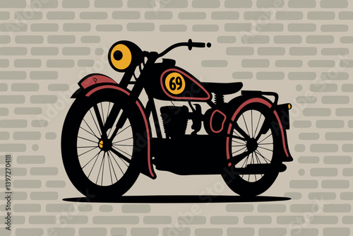 Old-School Cruiser Motorcycle Vector Art on Brick Wall Background