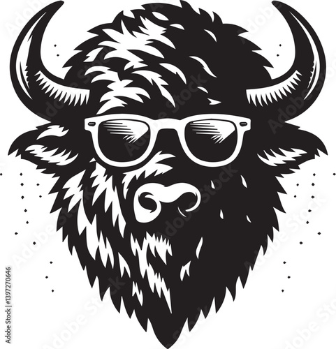 bull head with sunglass vector illustration, bull head with sunglass silhouette vector black and white