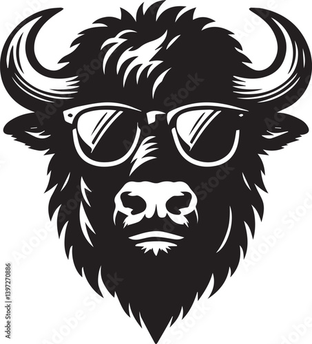bull head with sunglass vector illustration, bull head with sunglass silhouette vector black and white