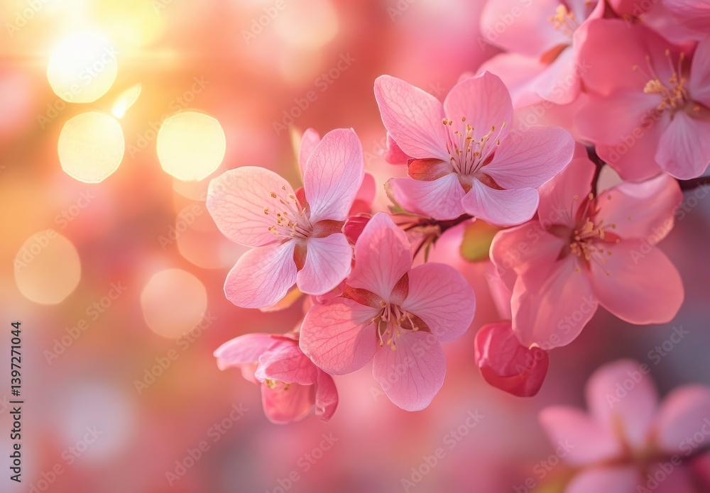 Delicate Pink Cherry Blossom Flowers Against Soft Bokeh Background at Sunrise in Spring Delicate Pink Cherry Blossom Flowers Against Soft Bokeh Background at Sunrise in Spring