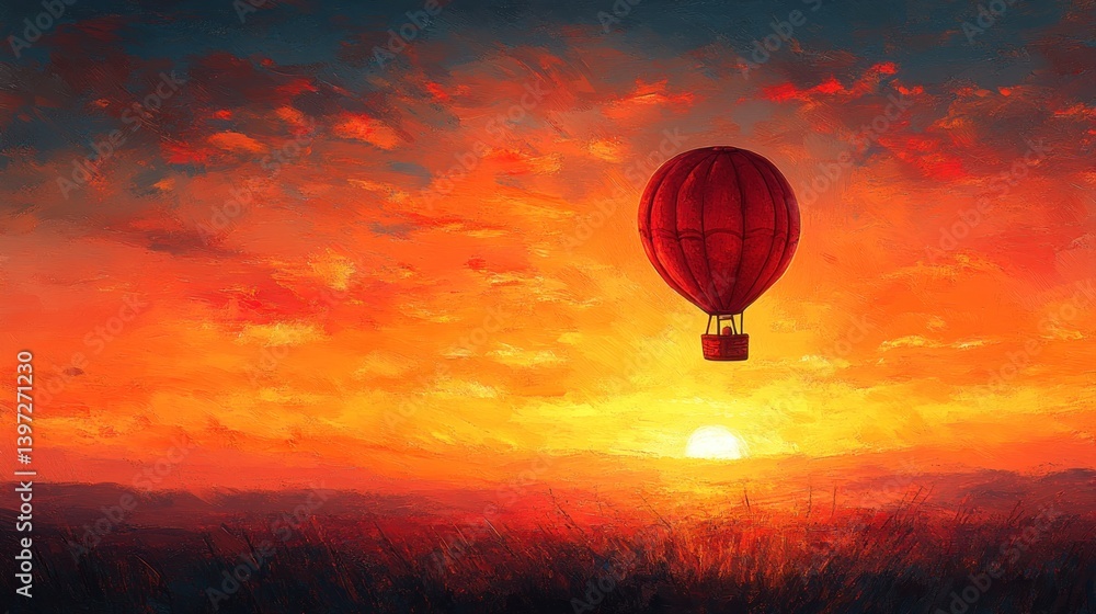 Obraz premium Red Hot Air Balloon Sunset Over Field