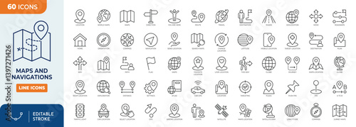 Map and navigation line editable icon set. Containing maps, location, navigation, direction, GPS, flag, destination, route, road and more. vector illustration