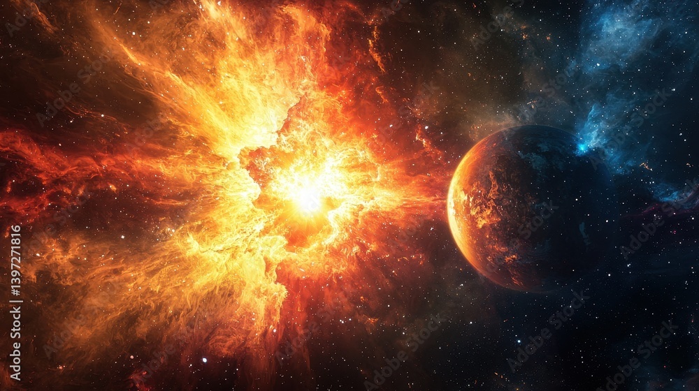 Obraz premium Stunning Space Explosion with Planet in Cosmic Background