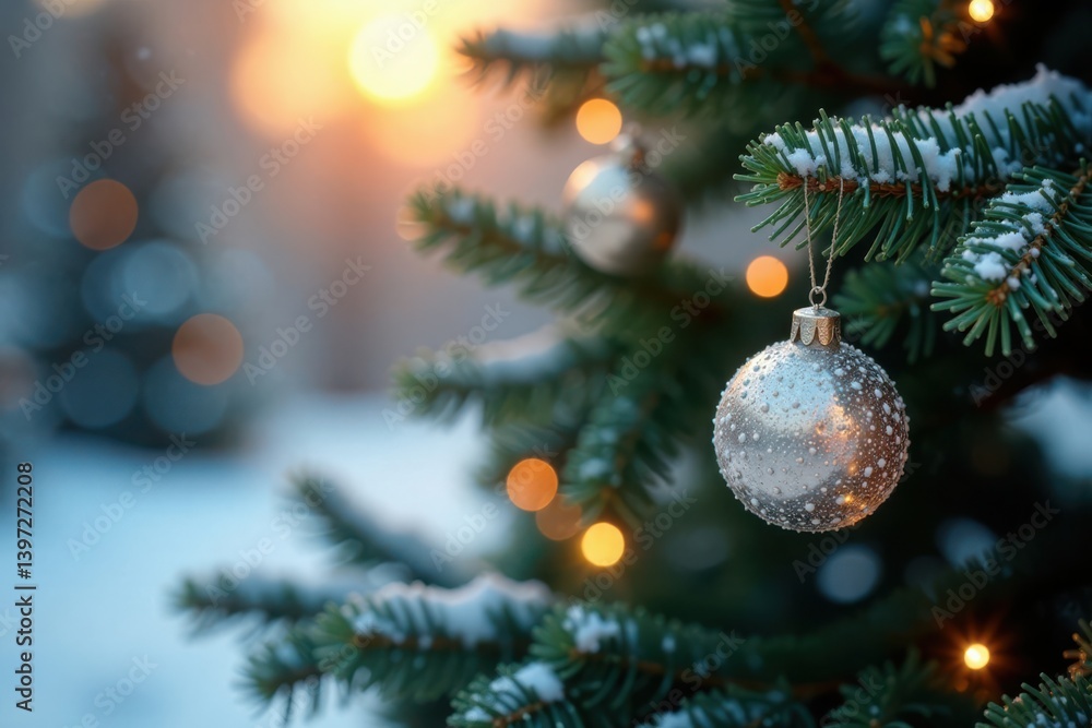 Snowflakes on Christmas tree branches, frosty, winter decor Snowflakes on Christmas tree branches, frosty, winter decor