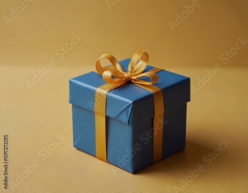 Blue gift present on yellow flat background