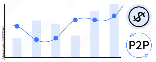 Bar chart with upward trendline, circular dollar icon, and P2P arrows. Ideal for finance, investment growth, peer-to-peer payment, fintech, business analytics savings profitability. Minimal flat