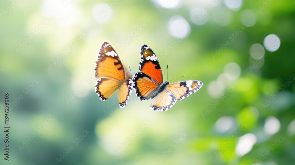 Two butterflies, orange and yellow, in flight against a blurred green background, showcasing vibrant colors and natural beauty Two butterflies, orange and yellow, in flight against a blurred green background, showcasing vibrant colors and natural beauty