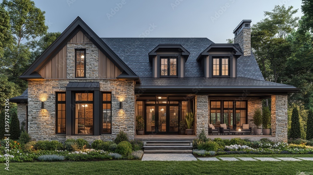Modern farmhouse with a blend of stone and wood, front porch, large windows, and a clear blue Carolina sky, perfect for a brochure beauty shot. Modern farmhouse with a blend of stone and wood, front porch, large windows, and a clear blue Carolina sky, perfect for a brochure beauty shot.