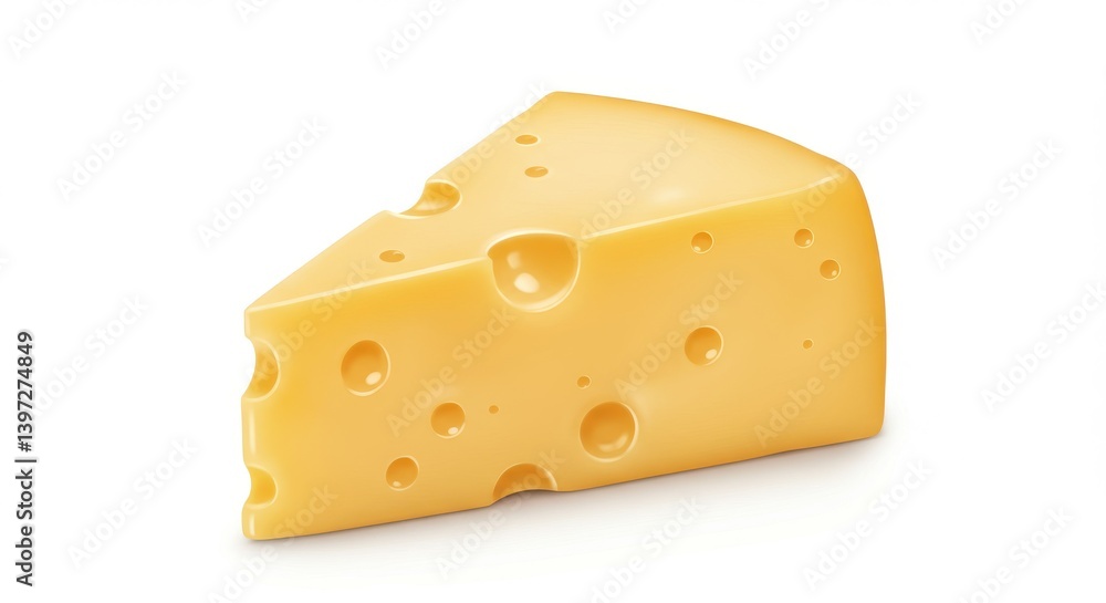 Triangular wedge of Swiss cheese with characteristic holes on a plain white background surface view Triangular wedge of Swiss cheese with characteristic holes on a plain white background surface view
