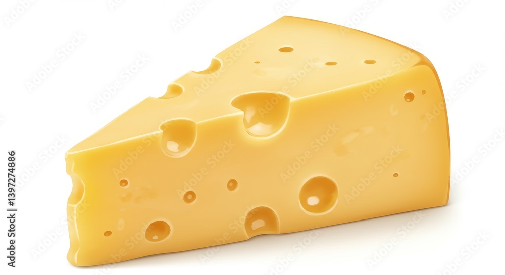 Realistic illustration of a wedge of yellow swiss cheese with holes on a white background design Realistic illustration of a wedge of yellow swiss cheese with holes on a white background design