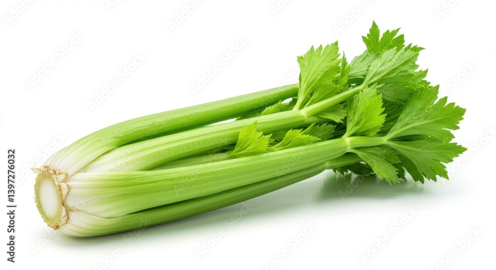 Fresh green celery with crisp stalks and lush leaves on a light background with natural lighting Fresh green celery with crisp stalks and lush leaves on a light background with natural lighting