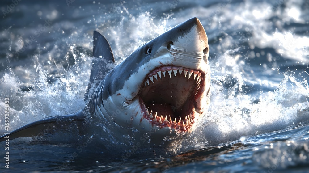 Fototapeta premium Shark Emerges from Swirling Water in Dramatic Coastal Scene