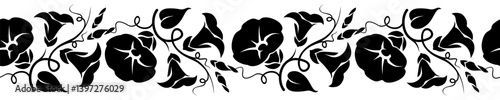 Horizontal seamless vignette with morning glory (bindweed) flowers. Vector black and white floral seamless border