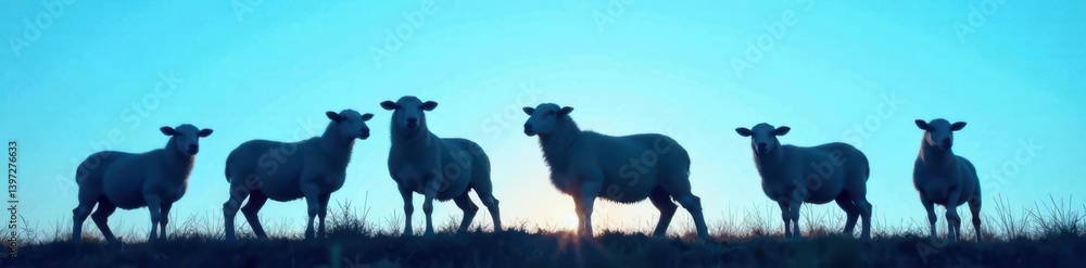 Fototapeta premium Silhouetted sheep standing together against a bright blue sky, hayfield, vector