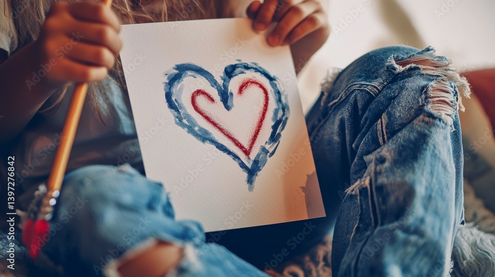 Obraz premium Sweet Innocent Heart Drawing on Greeting Card for School Project