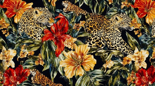 A vibrant, tropical fabric design featuring leopards and exotic flowers.