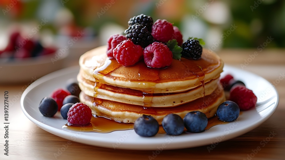 morning brunch scene with fluffy pancakes maple syrup and colorful berries on a white plate capturing the idea of homemade healthy breakfast morning brunch scene with fluffy pancakes maple syrup and colorful berries on a white plate capturing the idea of homemade healthy breakfast