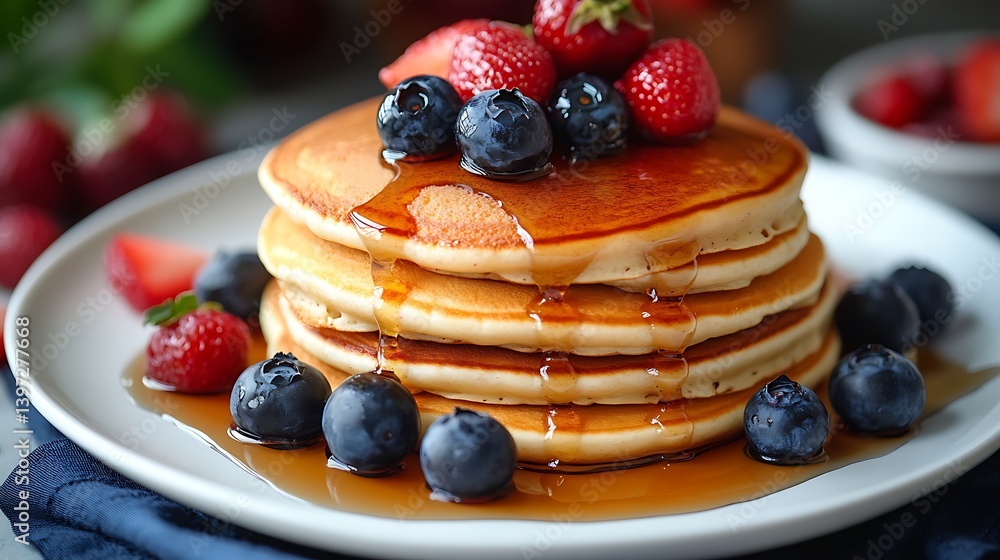 morning brunch scene with fluffy pancakes maple syrup and colorful berries on a white plate capturing the idea of homemade healthy breakfast morning brunch scene with fluffy pancakes maple syrup and colorful berries on a white plate capturing the idea of homemade healthy breakfast