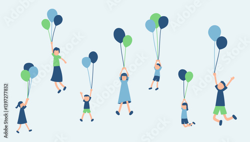風船で浮く人々のイラスト
