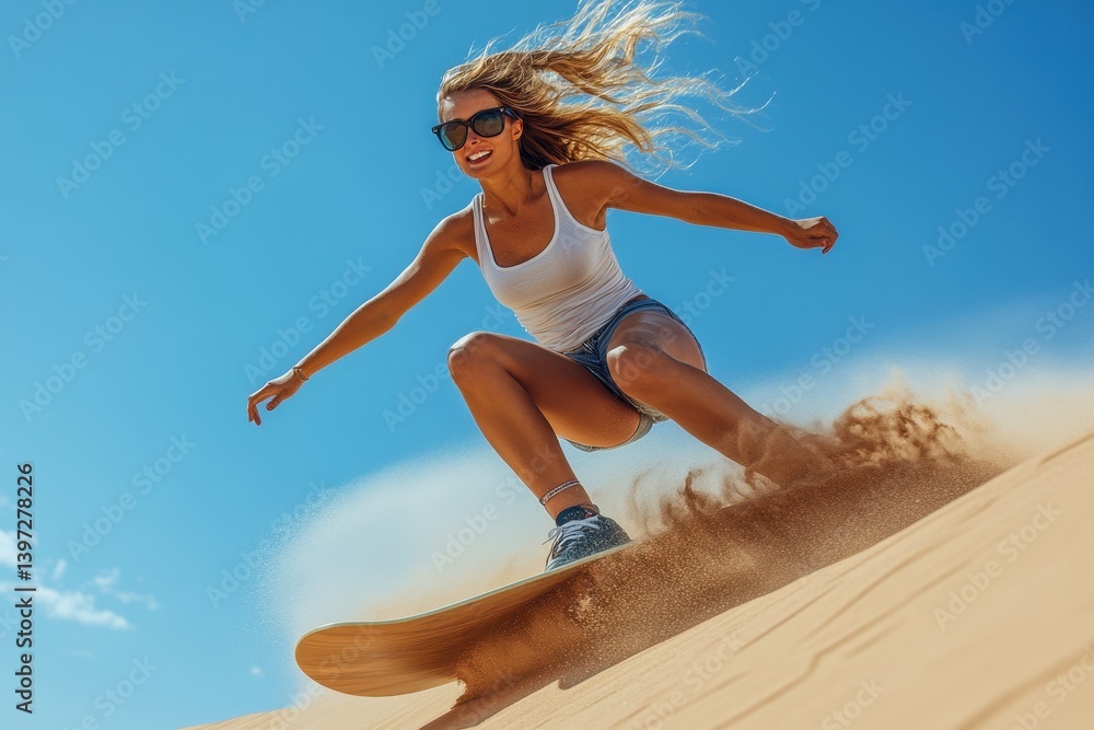 Young woman sandboarding on a dune with blue sky background on a sunny day. Perfect for travel blogs or promoting adventurous outdoor activities. Young woman sandboarding on a dune with blue sky background on a sunny day. Perfect for travel blogs or promoting adventurous outdoor activities.