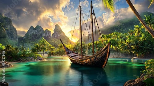 Tropical Island Sunrise with Sailing Ship