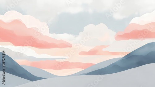 A serene pastel landscape painting of mountains and clouds at sunrise or sunset.