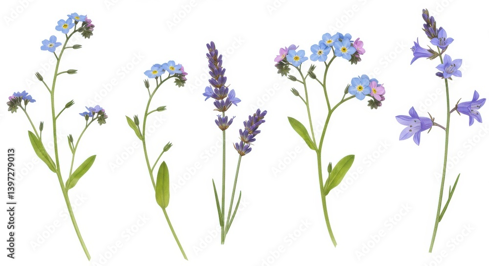 Naklejka premium Arrangement of delicate forget me nots lavender and bellflowers on a white background isolated scene