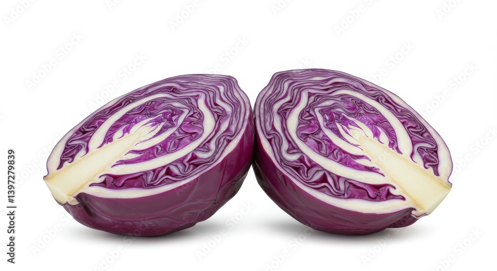 Close up of fresh purple cabbage cut in halves showing vibrant inner layers on white background Close up of fresh purple cabbage cut in halves showing vibrant inner layers on white background