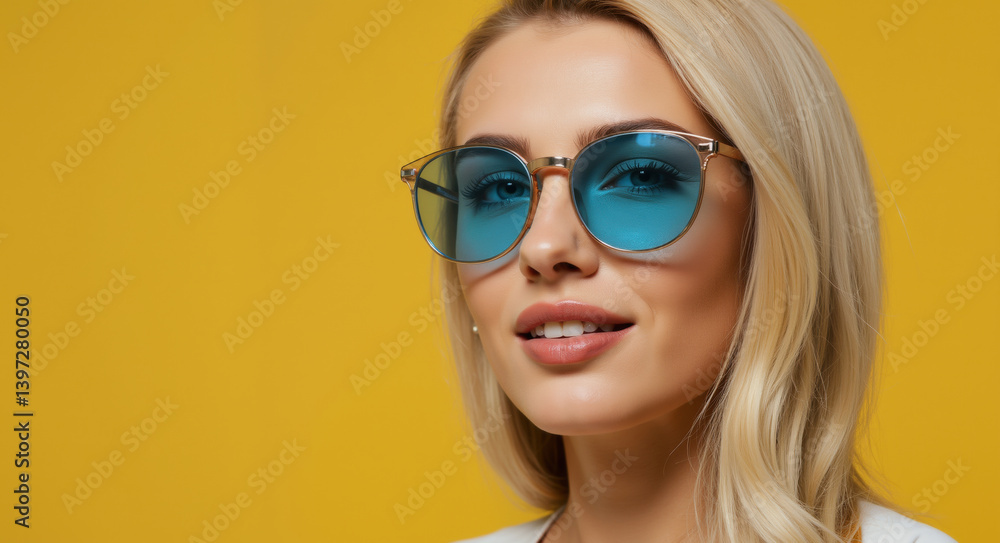 Fototapeta premium Blonde woman with blue tinted sunglasses against yellow background wearing white top. Stylish portrait with light makeup and wavy hair. Beauty concept for summer eyewear advertising