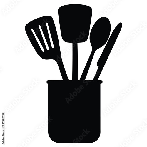 Silhouette Kitchen Utensil Set in Holder, Simple Black and White Icon