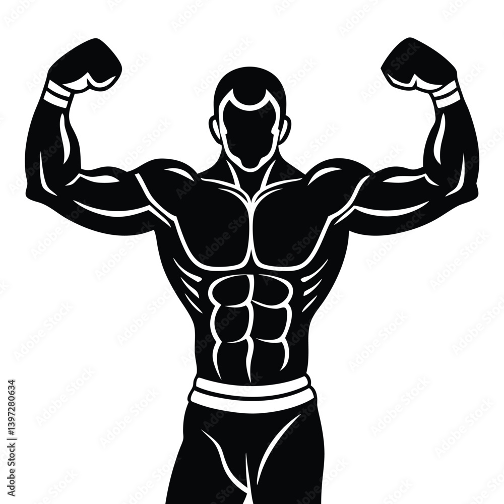 Fototapeta premium Victory Boxer Champion Vector, Muscular Fighter with Gloves Raised in Ring, Boxing Winner Clipart Design