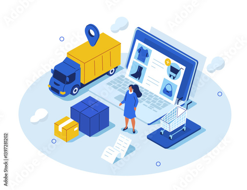 Woman order online, receive parcel box, tracking location. Delivery service, logistic concept. Flat isometric vector illustration.