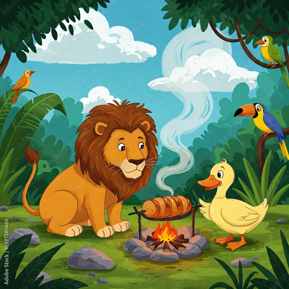 Obraz premium Cartoon lion and duck roast jungle bread on warm stones, waiting patiently while jungle birds sing and smoke curls into leafy blue sky.