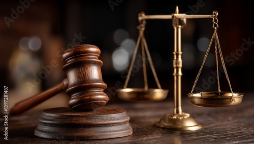 Wooden gavel and scales of justice on a dark wooden table