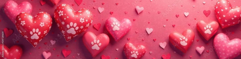 Obraz premium Seamless dog paw design on a heart-shaped background for scarf or wallpaper, dog paw seamless pattern, pet pattern