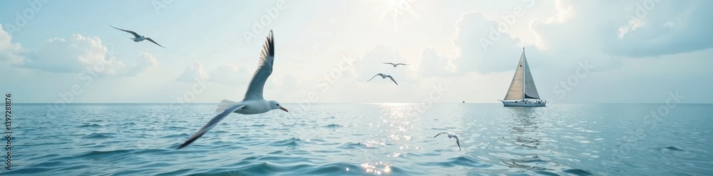 Seagulls flying over calm ocean waters with sailboats in the distance, seagulls, sailing vessels Seagulls flying over calm ocean waters with sailboats in the distance, seagulls, sailing vessels