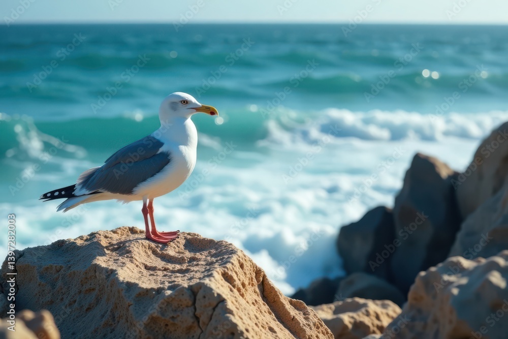 Seagull standing on a rocky coastline overlooking ocean waves, sea gull, beach scene