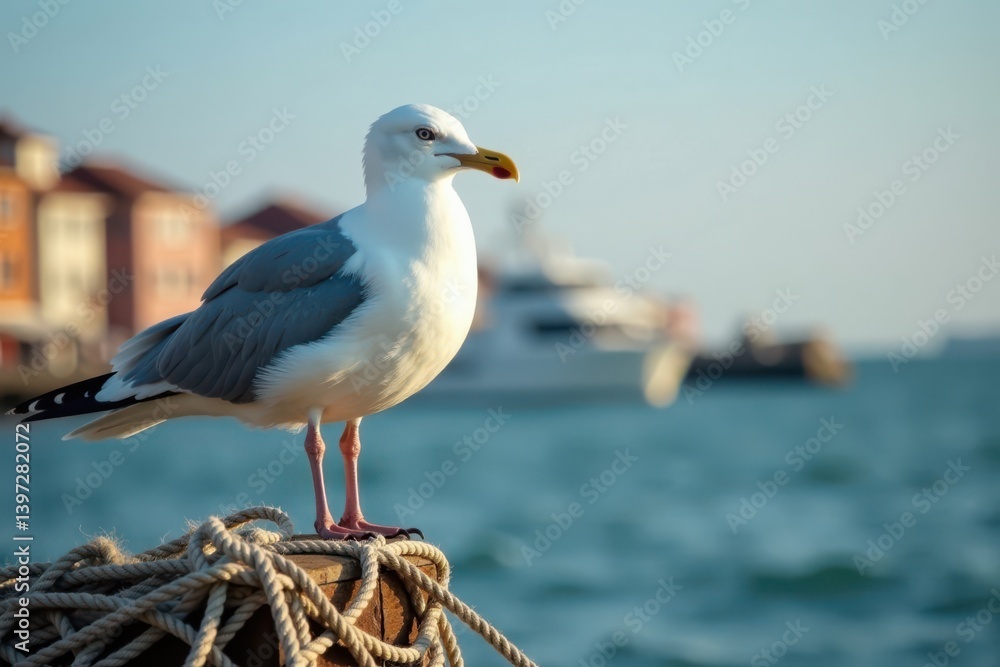 Seagull perched on a wooden fishing net, fish net, ocean Seagull perched on a wooden fishing net, fish net, ocean