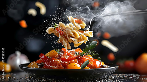 Steaming pasta with vegetables and herbs is lifted with a fork with cheese being sprinkled over the dish.